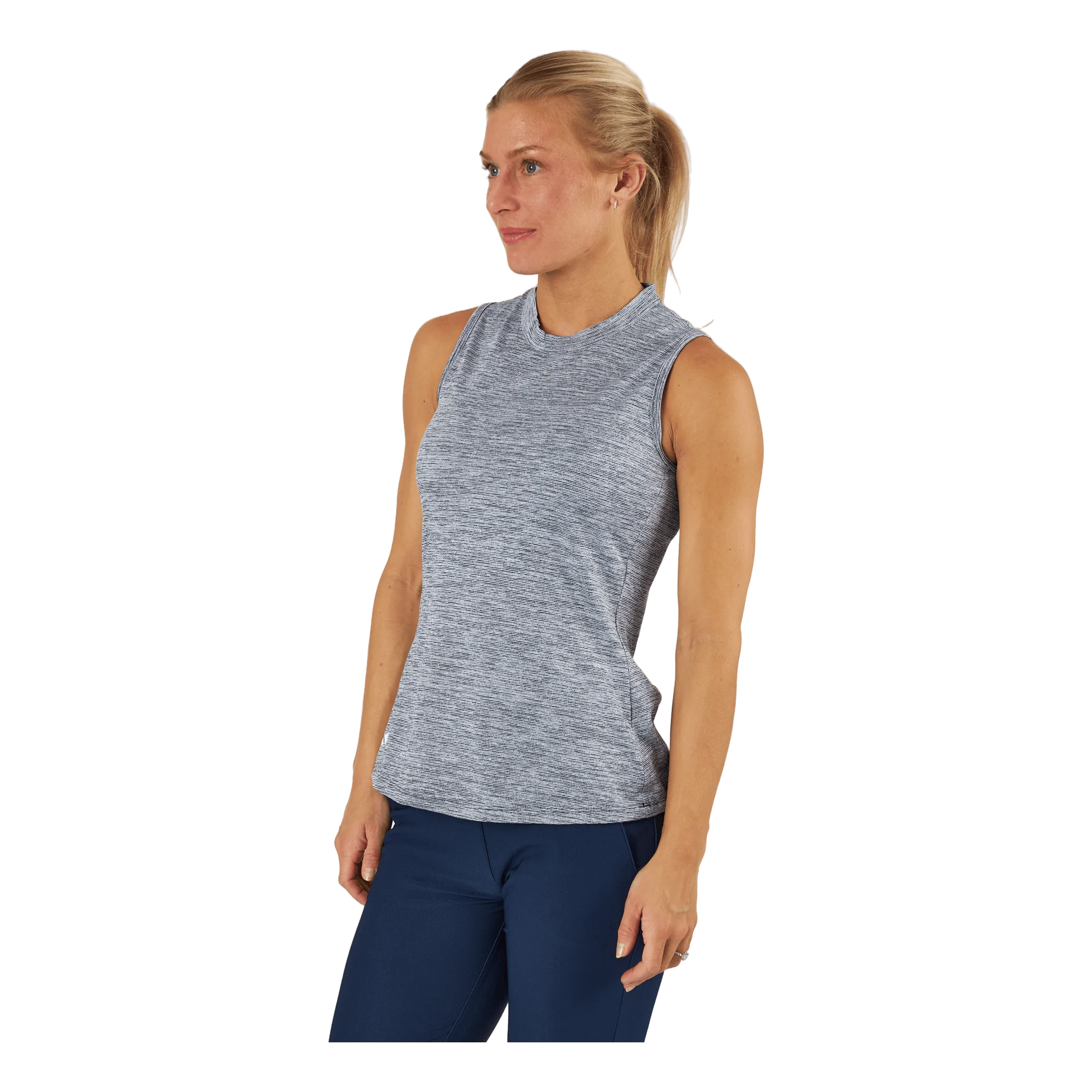 ADIDAS ESSENTIALS HEATHERED MOCKNECK SLEEVELESS GOLF POLO SHIRT COLLEGIATE NAVY