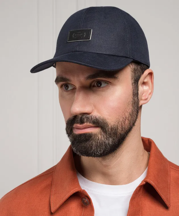 Blue Linen Cap with Logo Patch by Agnona