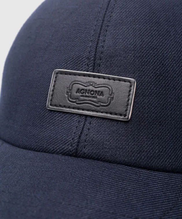 Blue Linen Cap with Logo Patch by Agnona