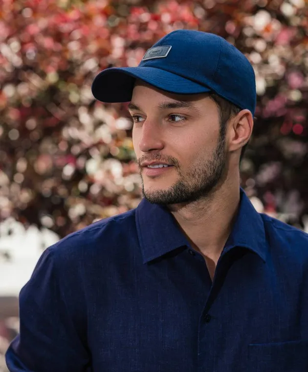 Blue Linen Cap with Logo Patch by Agnona