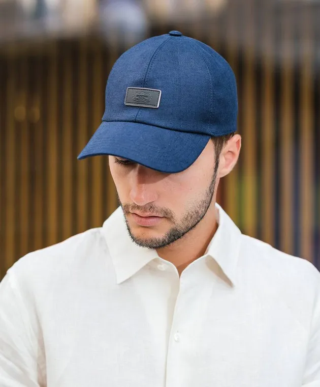 Blue Linen Cap with Logo Patch by Agnona