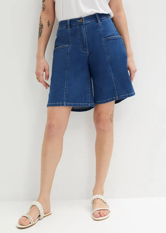 Stone Blue Denim Bermuda Shorts with Huge Pockets and Comfortable Waist