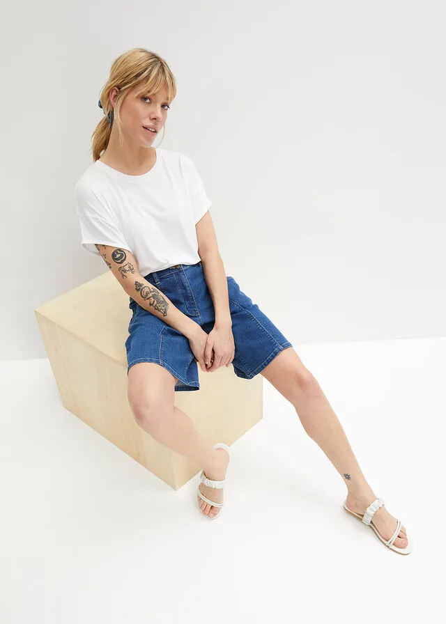 Stone Blue Denim Bermuda Shorts with Huge Pockets and Comfortable Waist