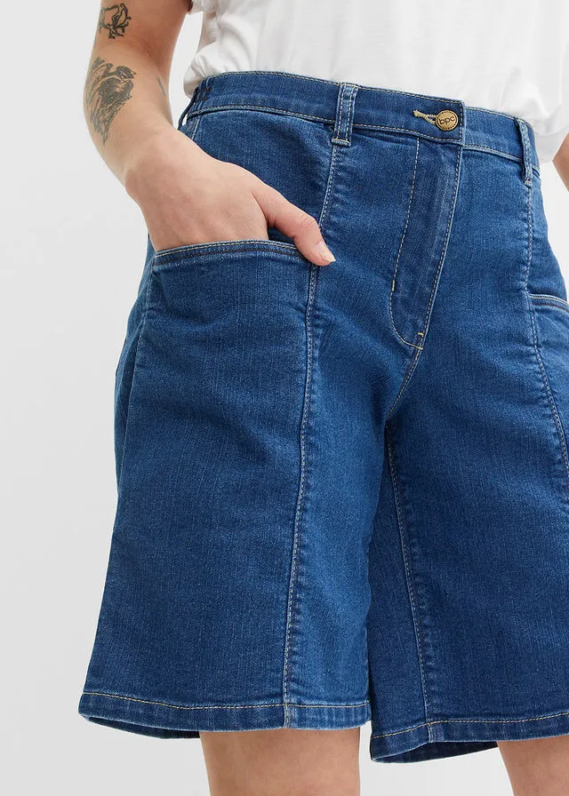 Stone Blue Denim Bermuda Shorts with Huge Pockets and Comfortable Waist