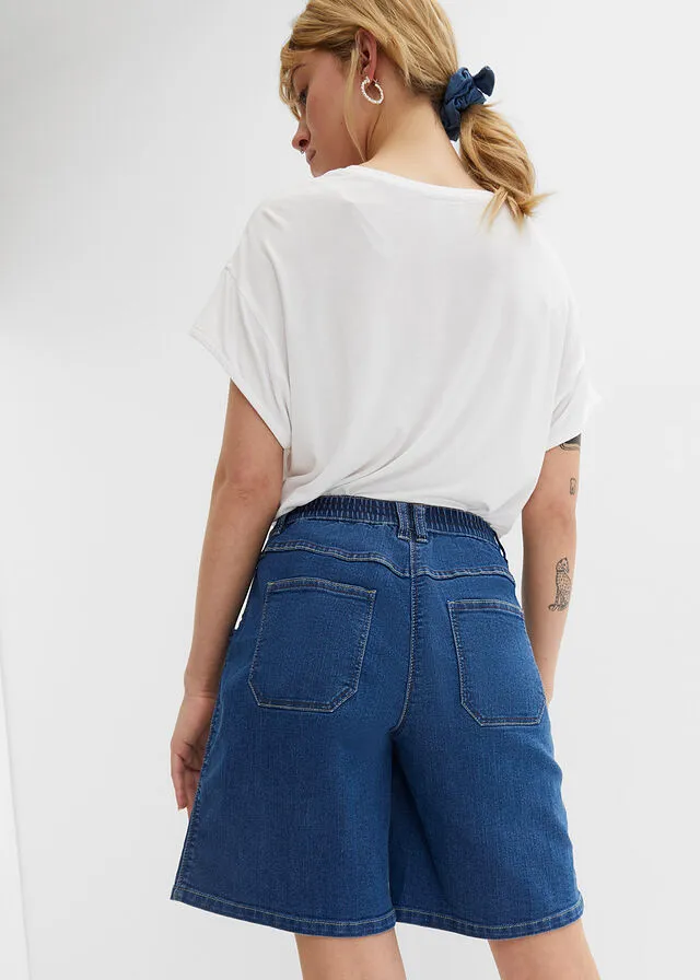 Stone Blue Denim Bermuda Shorts with Huge Pockets and Comfortable Waist