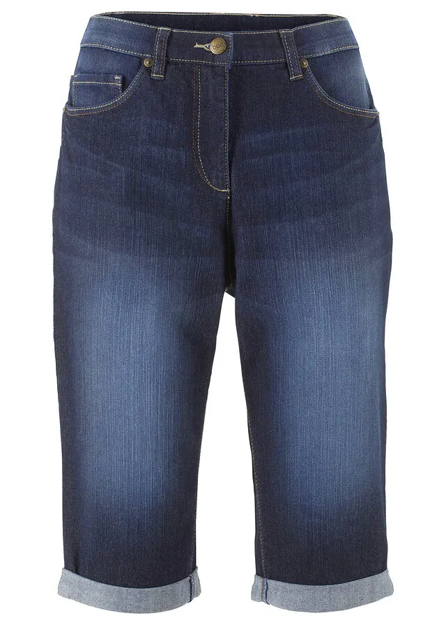 Stretchy Dark Denim Rolled Hem Jeans Shorts