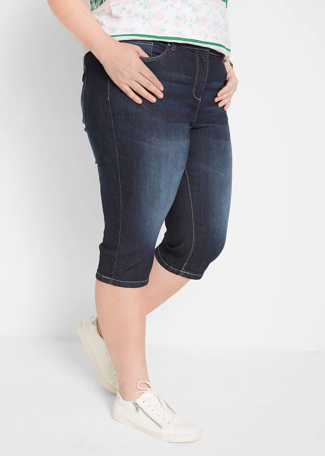 Stretchy Dark Denim Rolled Hem Jeans Shorts