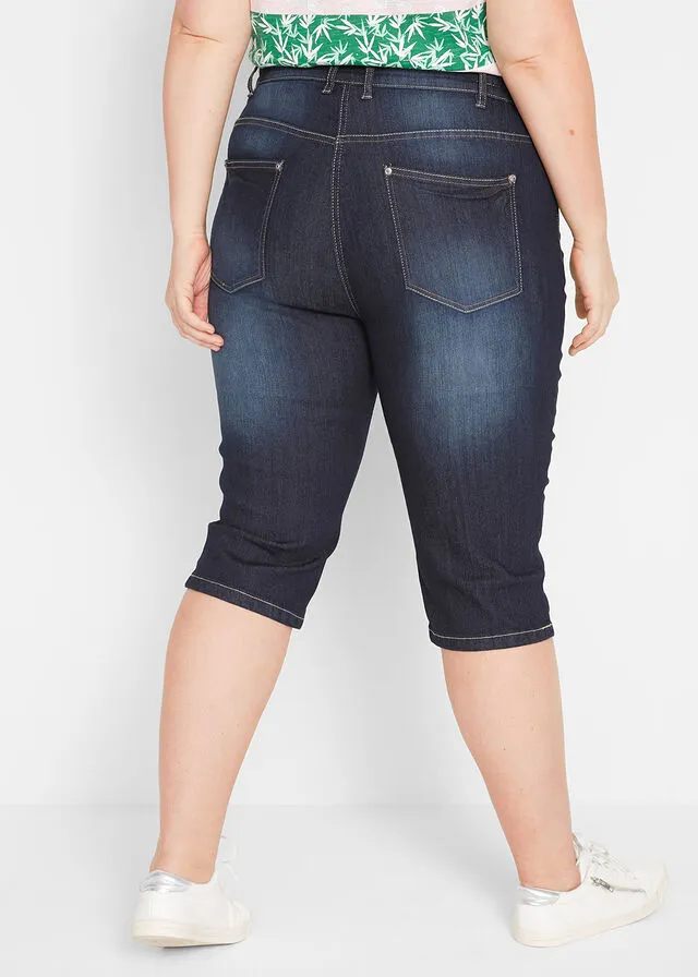 Stretchy Dark Denim Rolled Hem Jeans Shorts