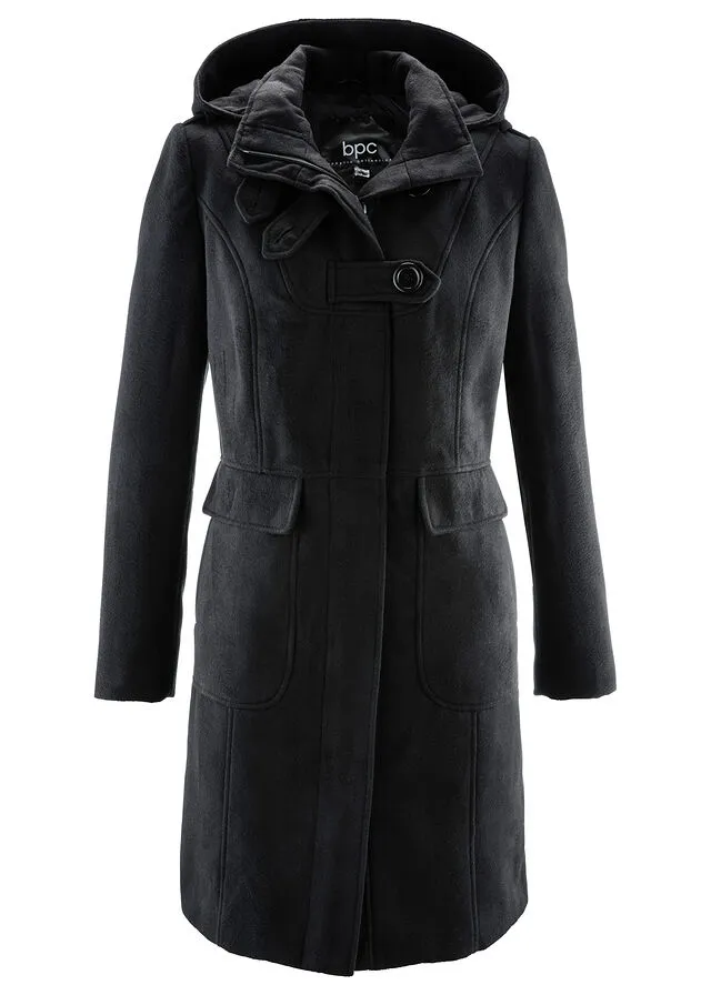 Black Hooded Wool Coat