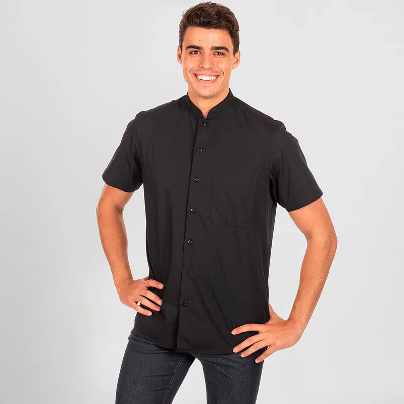 BLACK SHORT SLEEVE MAO COLLAR SHIRT RED LINE  GARY'S