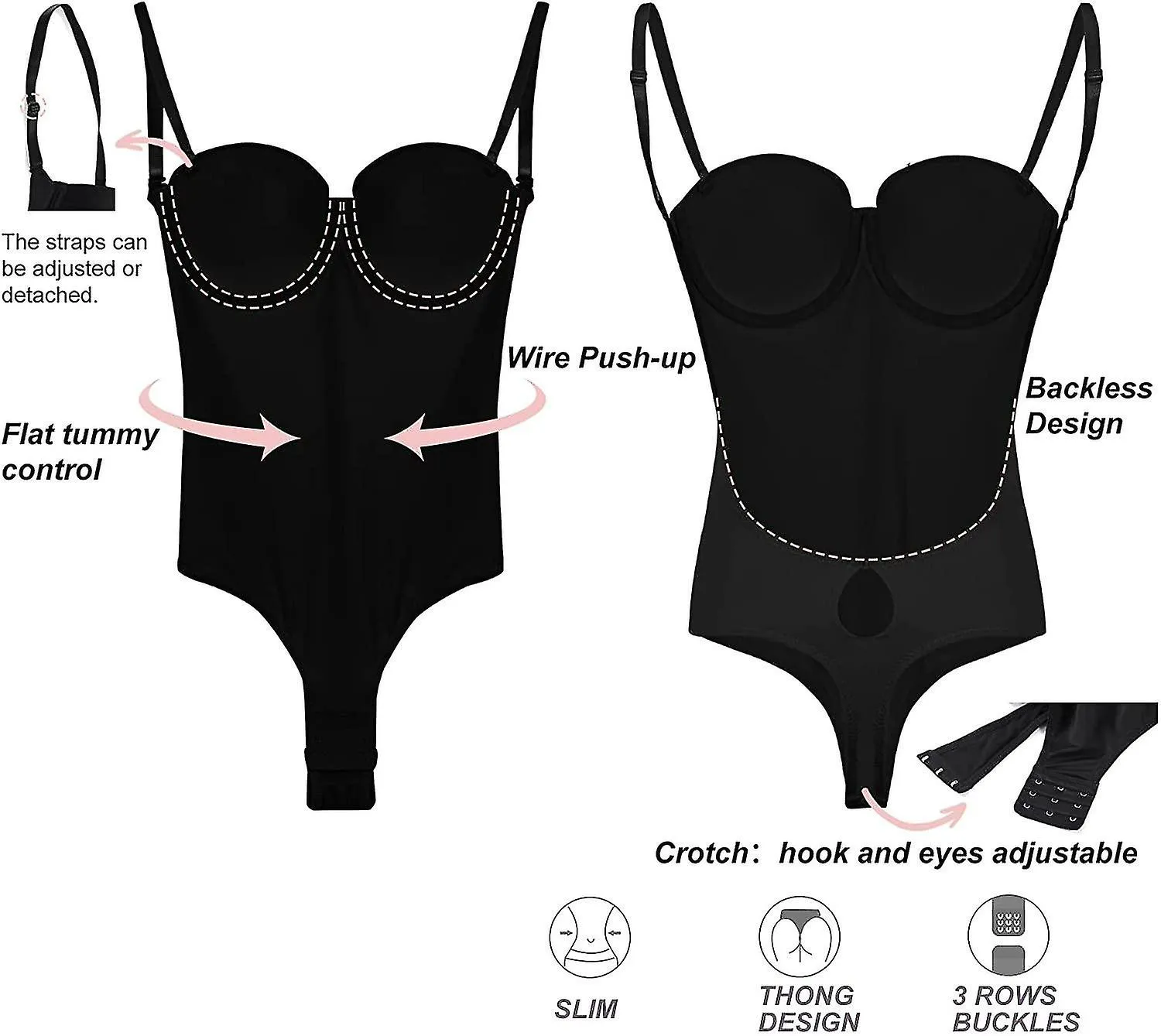 BODY SHAPER FOR WOMEN WITH LOW BACK  PUSH UP BRA  THONG BODYSUIT