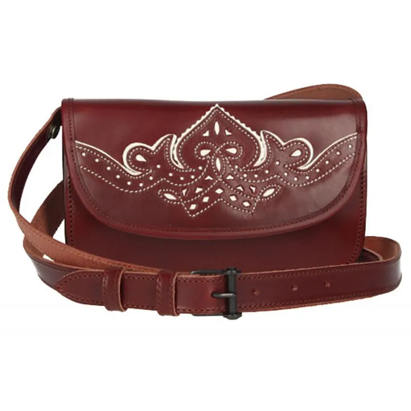 Bolso rociero cereza bordado blanco con correa