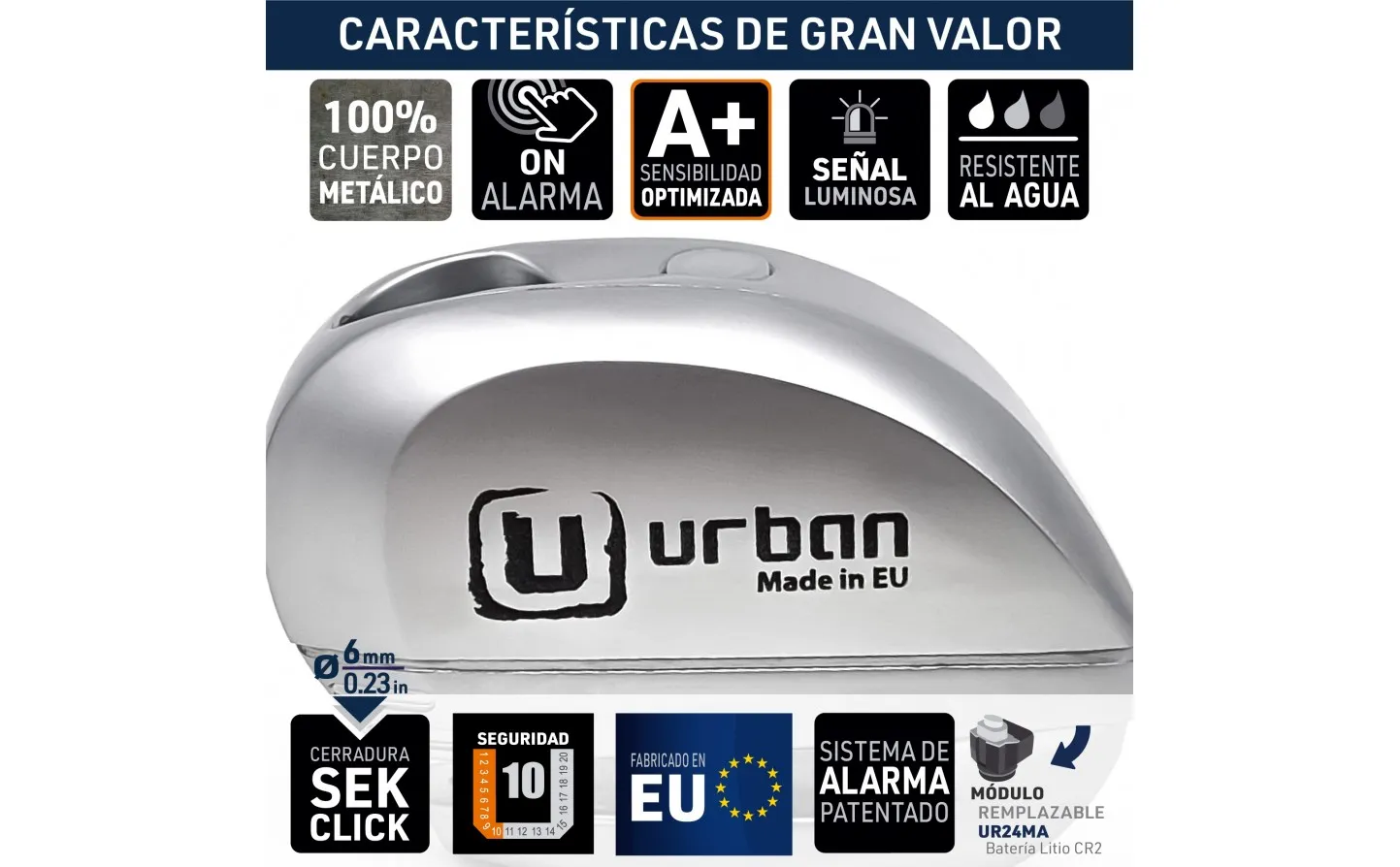 Candado Disco Alarma Moto Urban UR22 Ø6mm |UR22|
