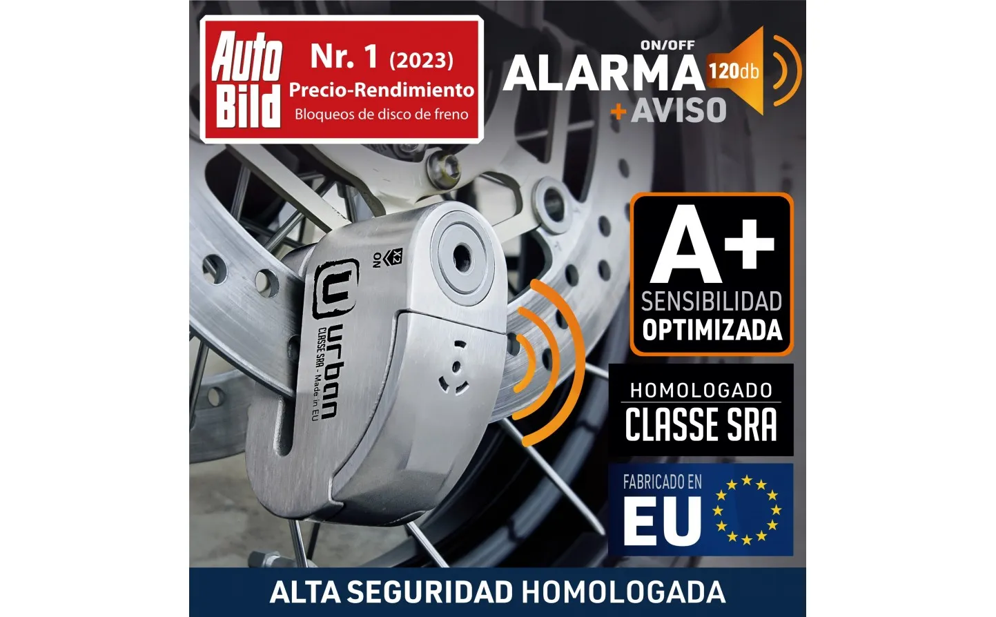 Candado Moto Disco Urban Alarma Homologado 14 Inox. | UR14S |
