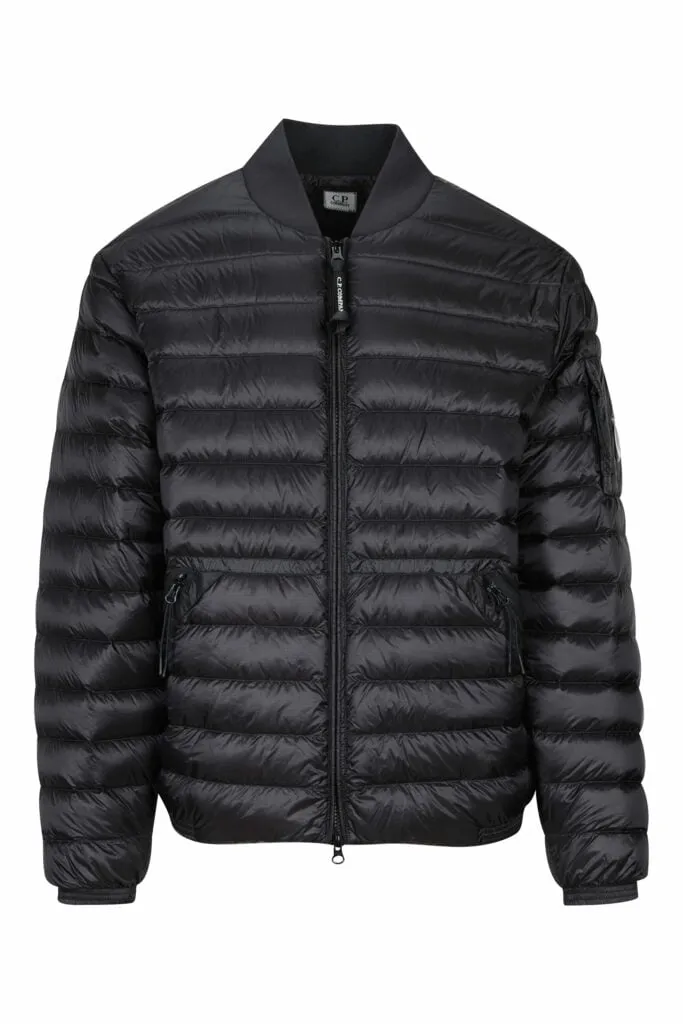Chaqueta bomber negra acolchada con logo lente lateral