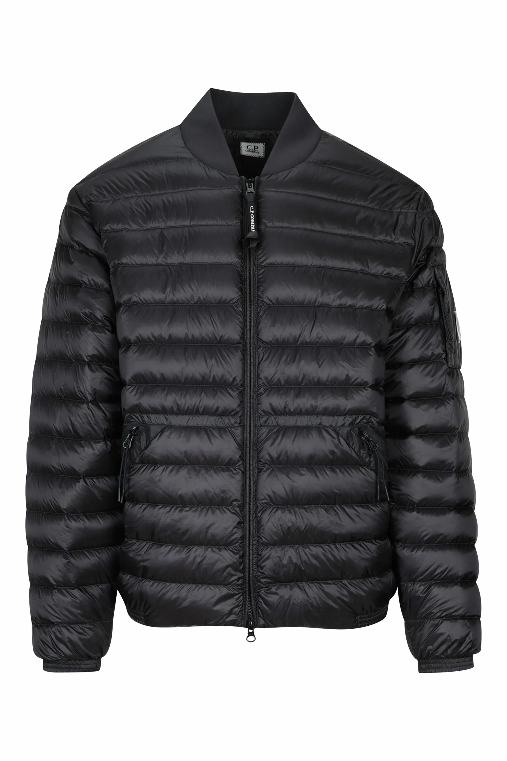 Chaqueta bomber negra acolchada con logo lente lateral