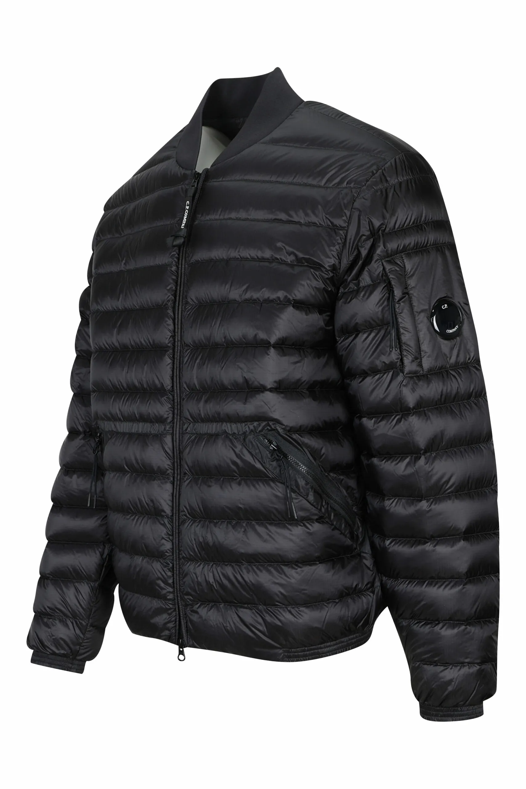 Chaqueta bomber negra acolchada con logo lente lateral