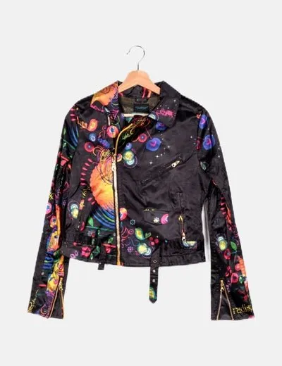 Custo Barcelona Black Biker Jacket with Multicolor Print