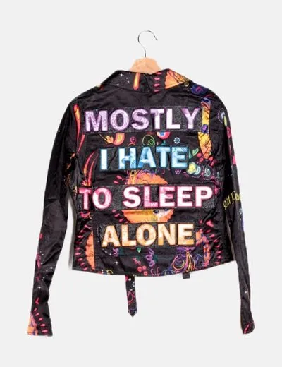 Custo Barcelona Black Biker Jacket with Multicolor Print