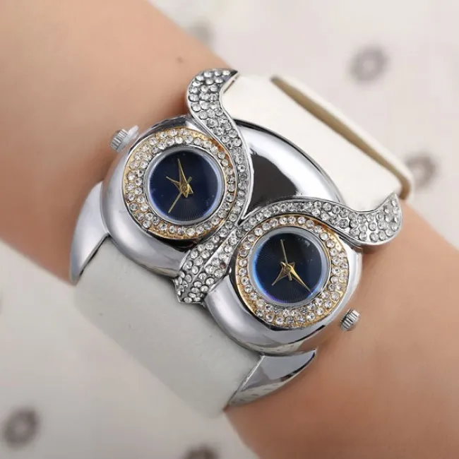 Cute Owl Inlay Diamond Double Dial Eyes Watch