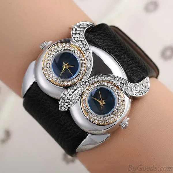 Cute Owl Inlay Diamond Double Dial Eyes Watch