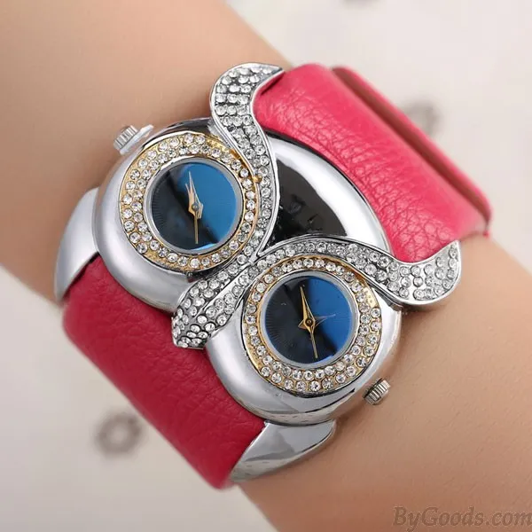 Cute Owl Inlay Diamond Double Dial Eyes Watch