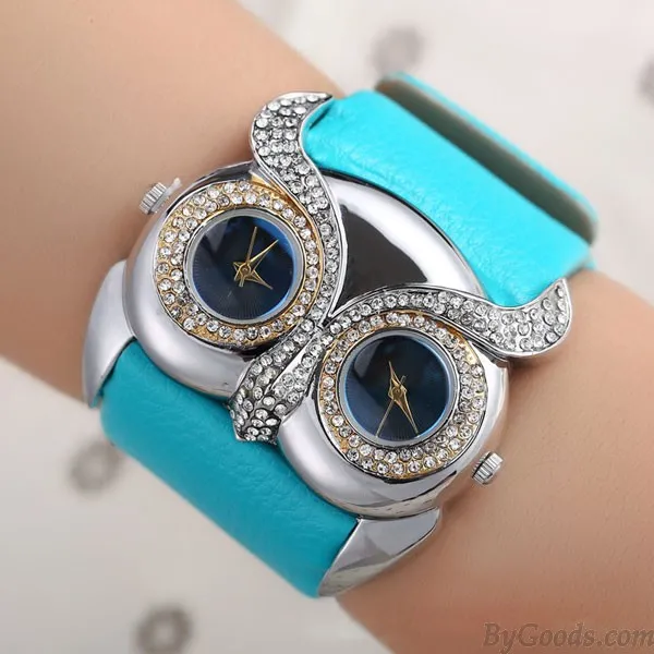 Cute Owl Inlay Diamond Double Dial Eyes Watch