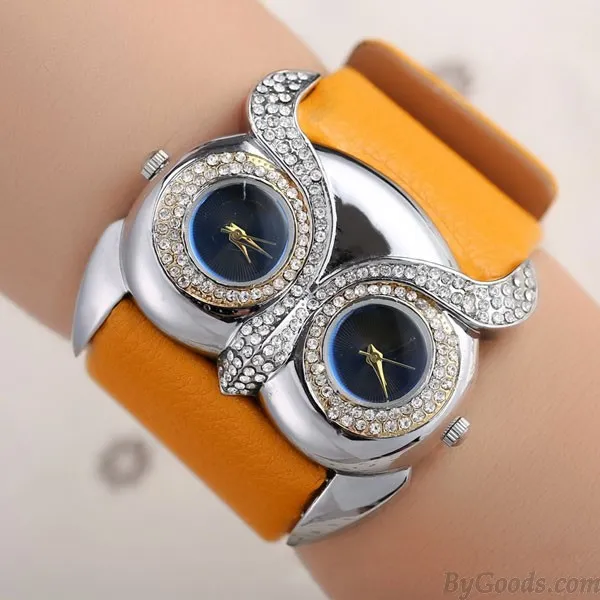 Cute Owl Inlay Diamond Double Dial Eyes Watch