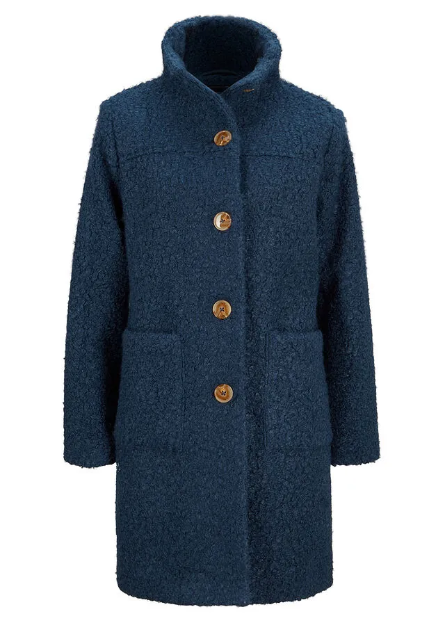 Dark blue bouclé coat with pockets