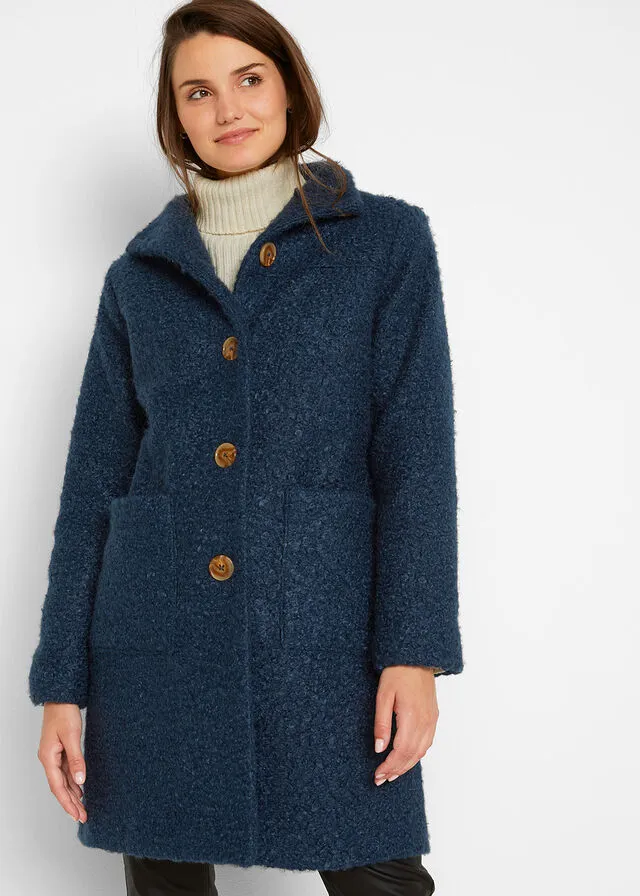 Dark blue bouclé coat with pockets