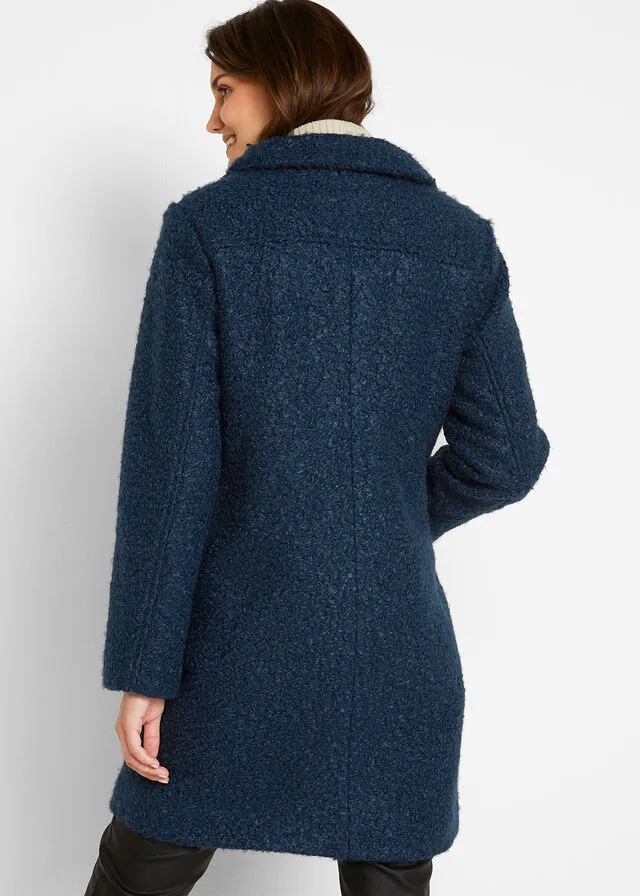 Dark blue bouclé coat with pockets