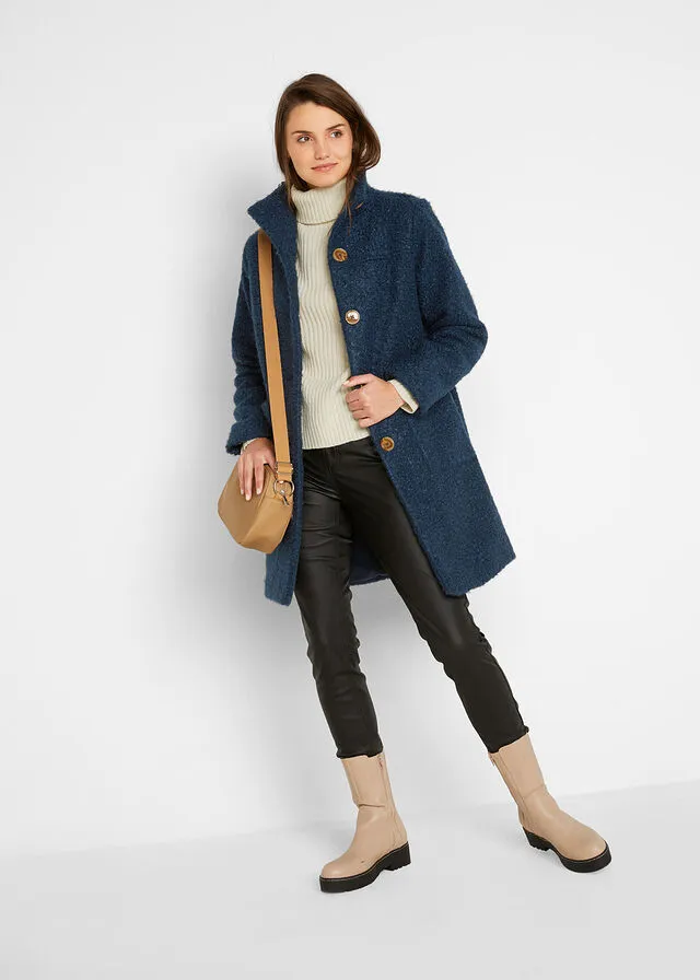 Dark blue bouclé coat with pockets