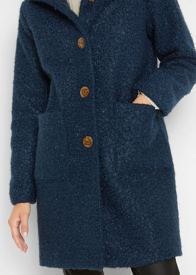 Dark blue bouclé coat with pockets