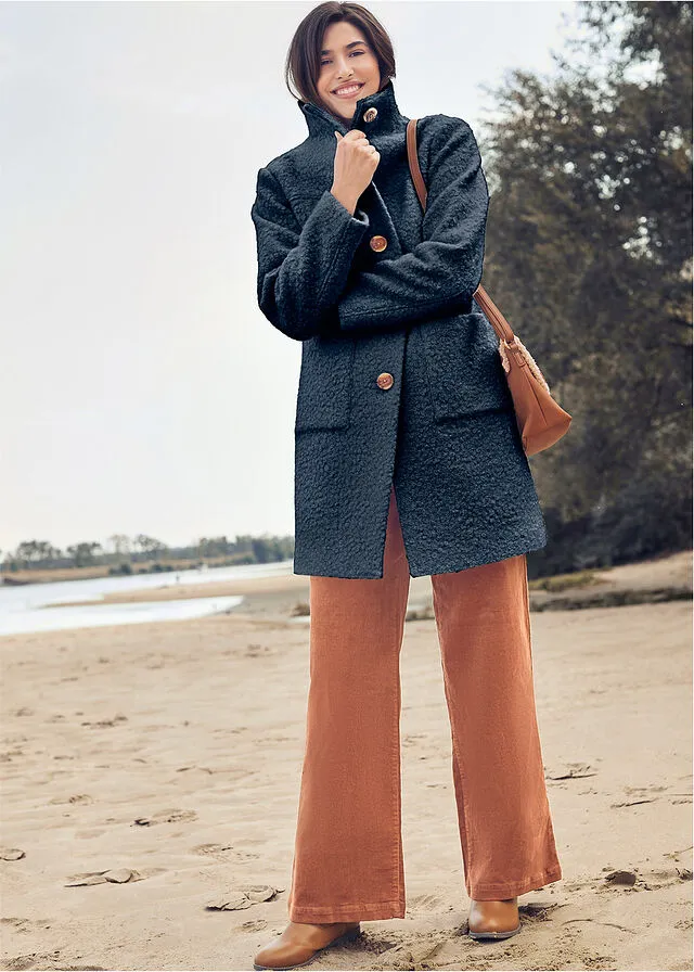 Dark blue bouclé coat with pockets
