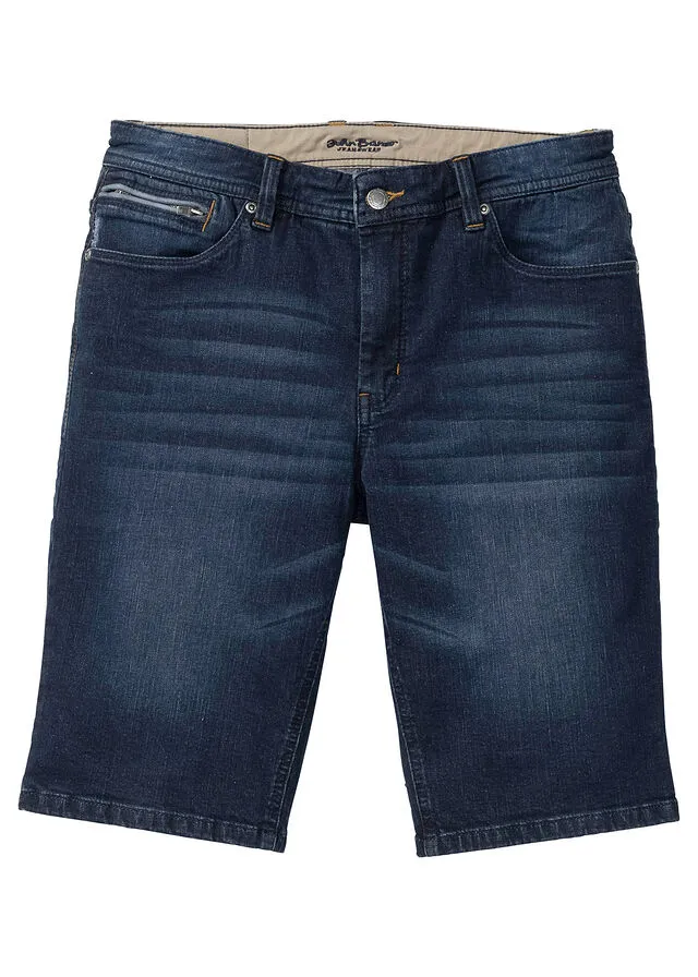 Dark blue slim fit stretch denim Bermuda shorts.