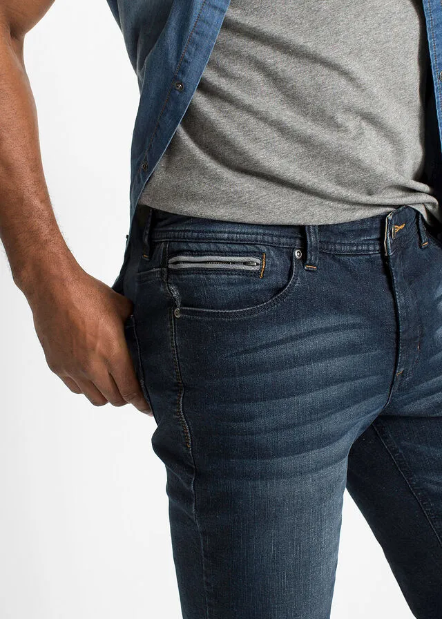 Dark blue slim fit stretch denim Bermuda shorts.