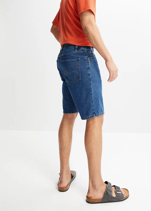 Denim Bermuda shorts with elastic side waistband in classic blue denim.