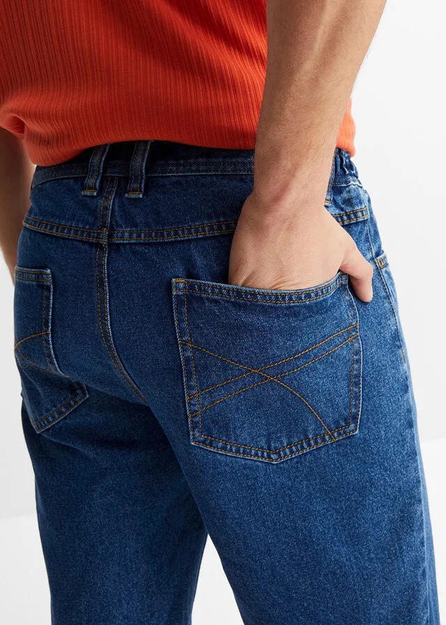 Denim Bermuda shorts with elastic side waistband in classic blue denim.