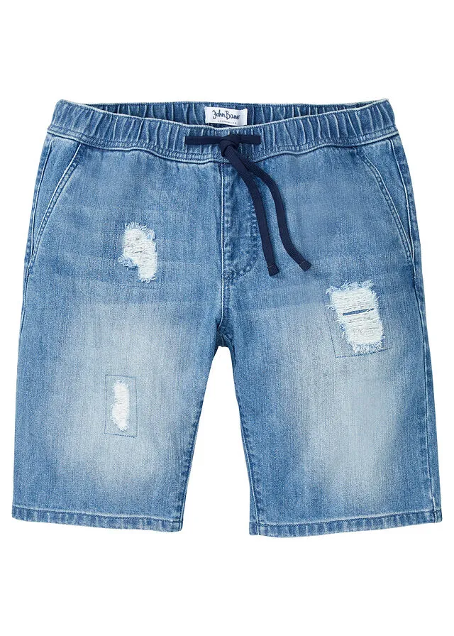 Denim Bermuda shorts with stretch waistband and distressed regular fit.