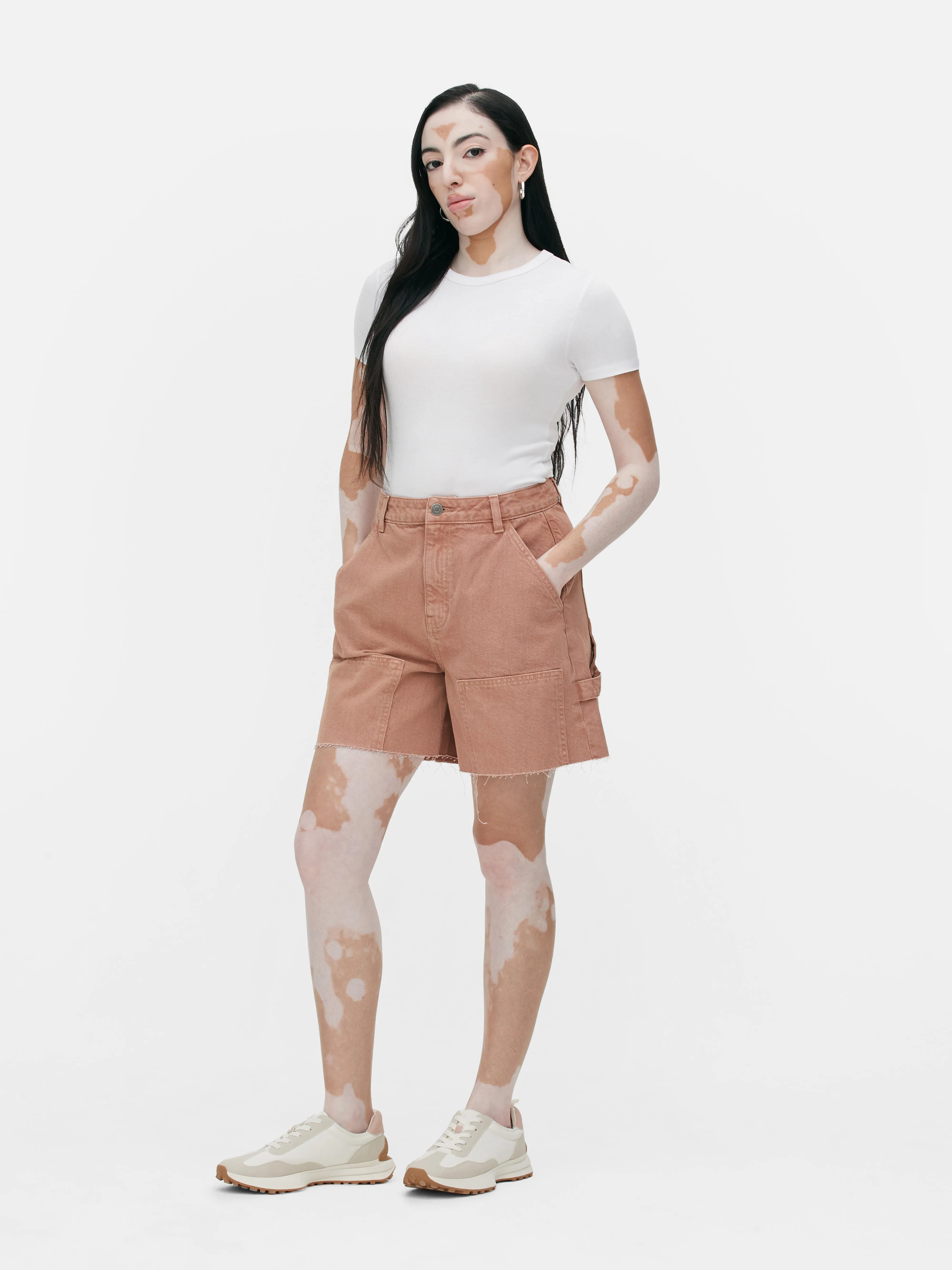 Denim carpenter style Bermuda shorts.