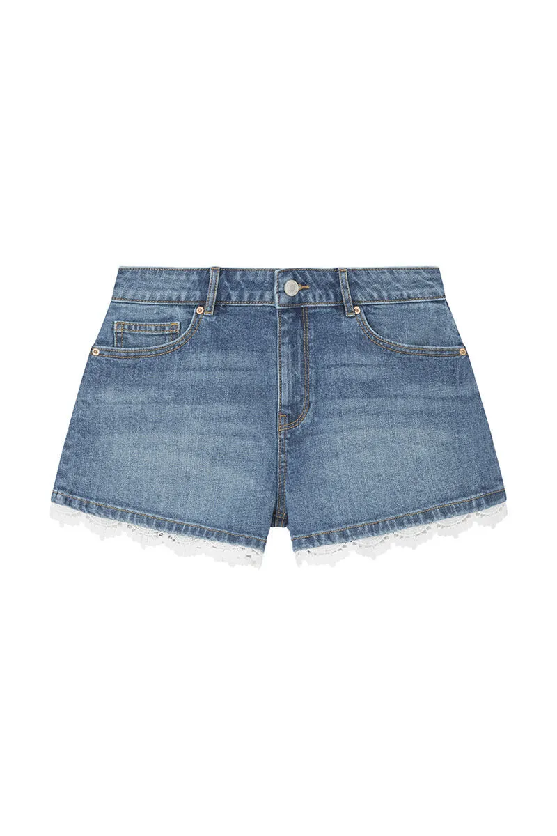 Denim shorts with lace design.