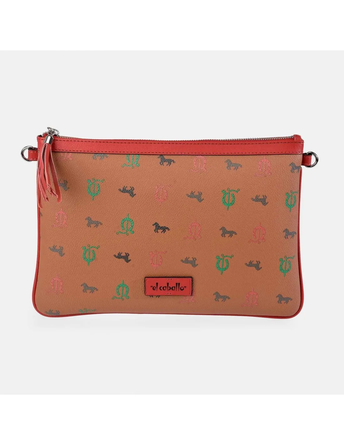 EL CABALLO Bolso de mano plano con bandolera y cremallera para mujer lona estampada y piel