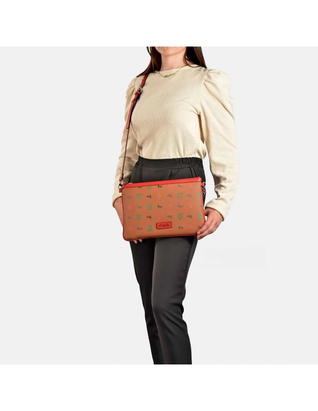 EL CABALLO Bolso de mano plano con bandolera y cremallera para mujer lona estampada y piel