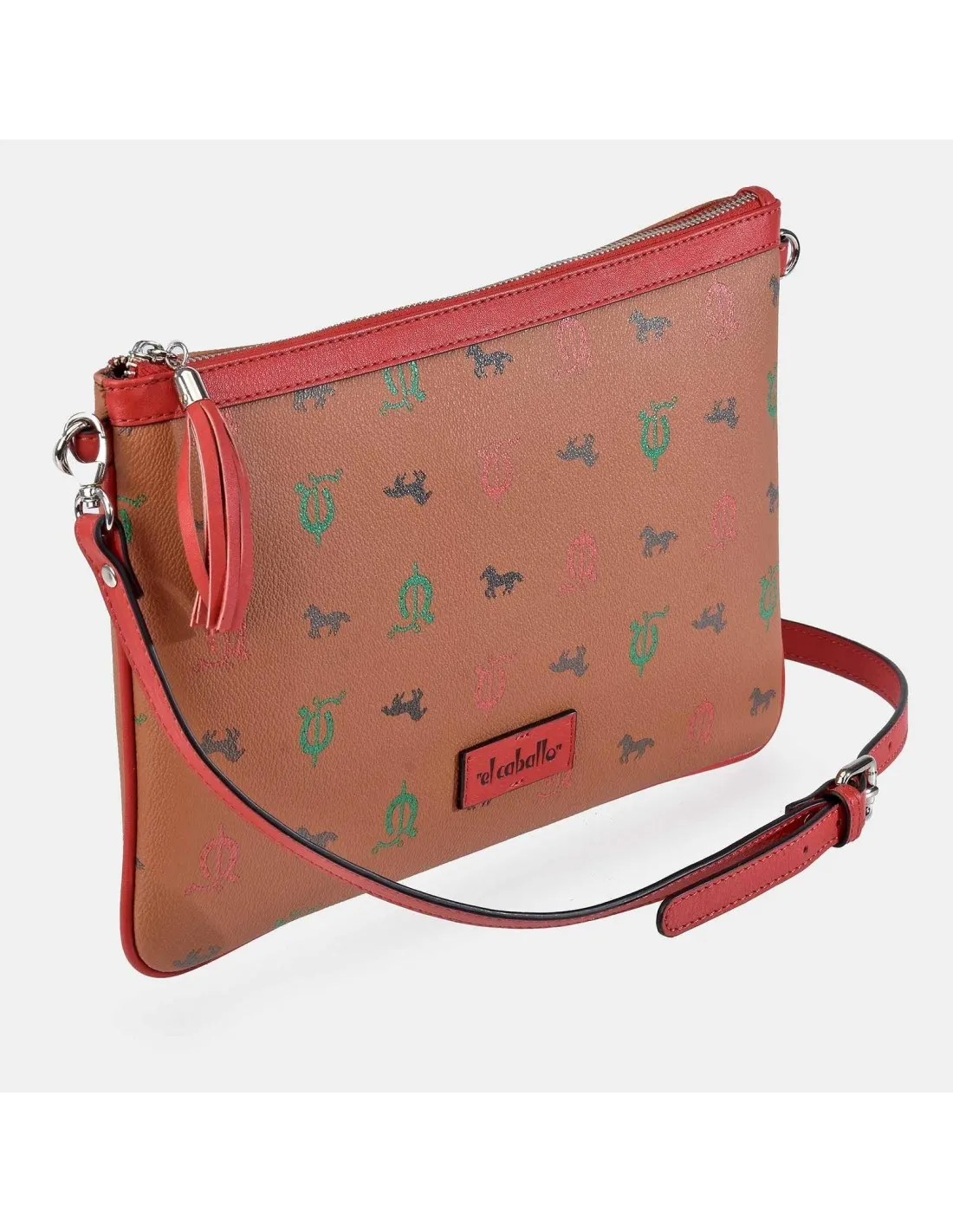 EL CABALLO Bolso de mano plano con bandolera y cremallera para mujer lona estampada y piel