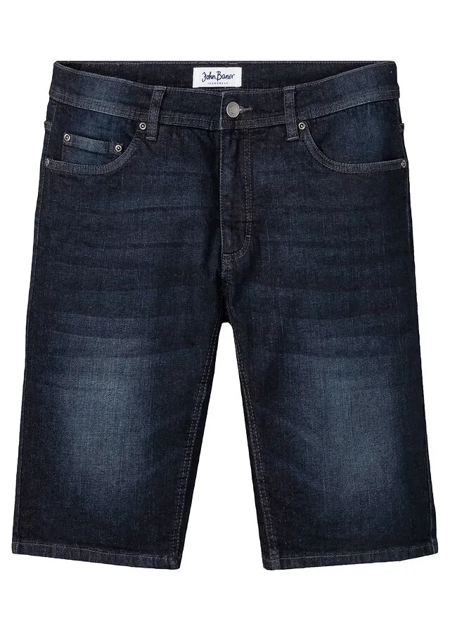 Elastic denim bermuda shorts with reinforced inseam, regular fit in dark wash.