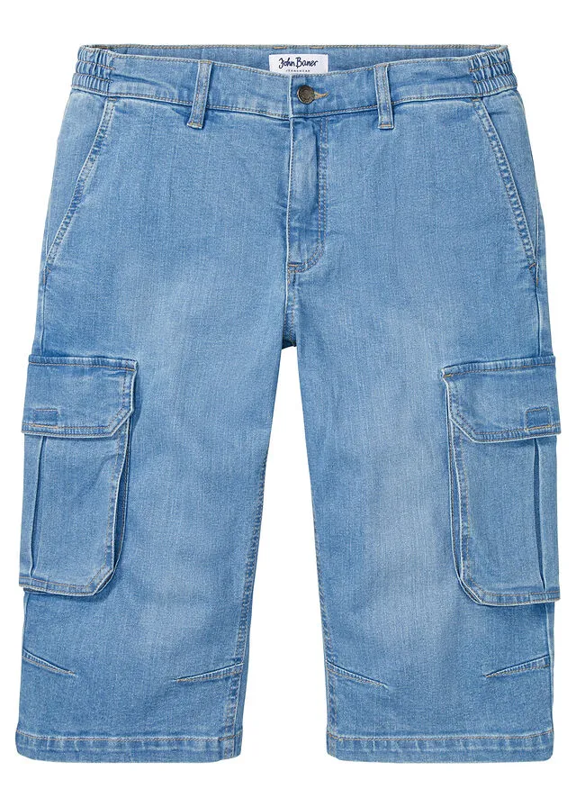 Elastic light blue denim regular fit Bermuda shorts