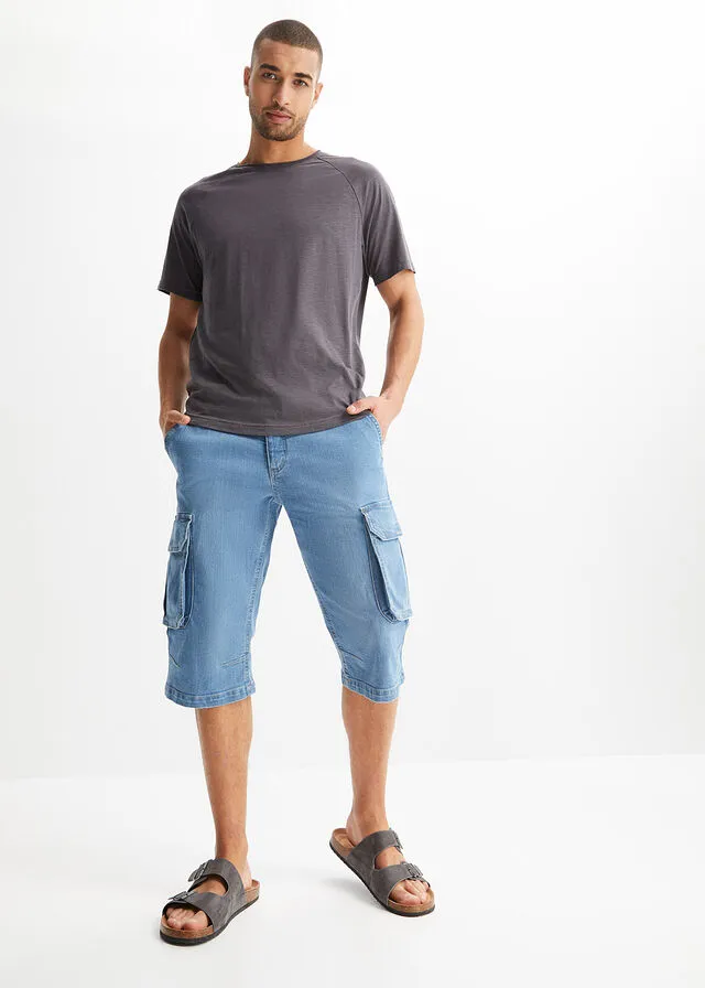 Elastic light blue denim regular fit Bermuda shorts