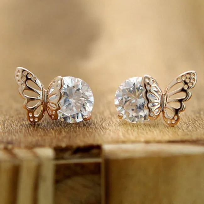 Exquisite Elegant Winky Zircon Hollow Golden Butterfly Earrings Store