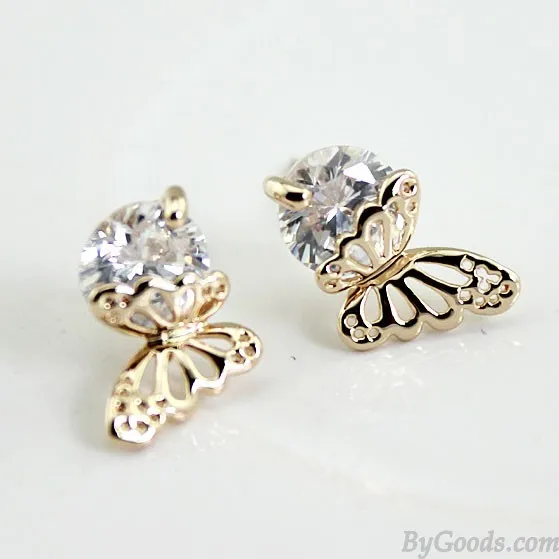 Exquisite Elegant Winky Zircon Hollow Golden Butterfly Earrings Store