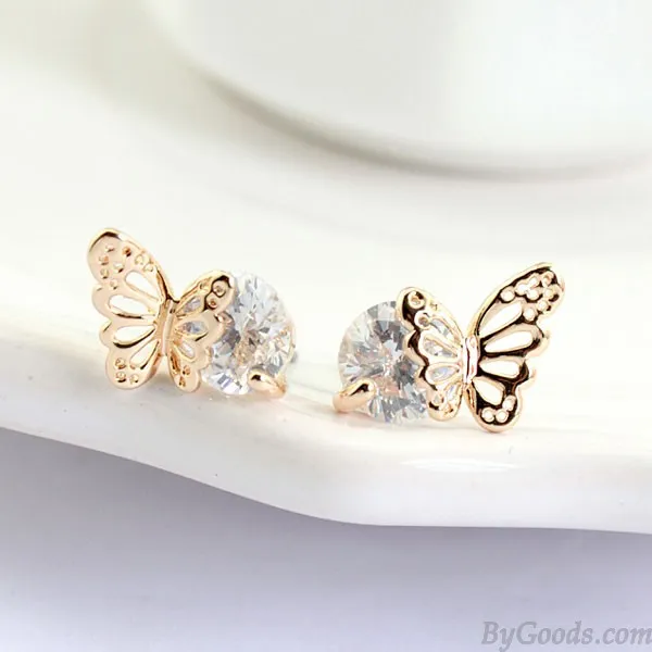 Exquisite Elegant Winky Zircon Hollow Golden Butterfly Earrings Store